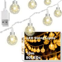 USB maitinama kristalinių burbuliukų LED švieselių girlianda LIVMAN cxg004, 10 m, 80 LED, geltona