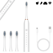 Didelio našumo elektrinis dantų šepetėlis LIVMAN X-3 su 6 valymo režimais, USB įkrovimu ir 4 šepetėlio galvutėmis, 1,5 W, 500 mAh, baltos spalvos