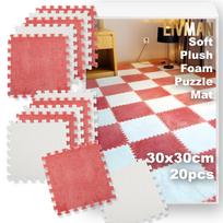 Minkšto pliušo dangos putplasčio dėlionės kilimėlis LIVMAN E-Z su kraštais, 30x30 cm, 20 vnt. komplekte, baltas–raudonas