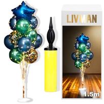 Balionų stovas LIVMAN LX-01 su 13 balionų, 2 LED šviesų girliandomis ir komplekte esančiu balionų pripūtimo siurbliuku, 1,5 m, su žaliais ir mėlynais balionais bei mėlyna žvaigžde