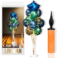 Balionų stovas LIVMAN LX-01 su 13 balionų, 2 LED šviesų girliandomis ir komplekte esančiu balionų pripūtimo siurbliu, 1,5 m, su žaliais ir mėlynais balionais bei mėlyna žvaigžde