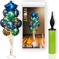 Balionų stovas LIVMAN LX-01 su 13 balionų, 2 LED šviesų girliandomis ir komplekte esančiu balionų pripūtimo siurbliu, 1,5 m, su žaliais ir mėlynais balionais bei mėlyna žvaigžde