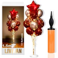 Balionų stovas LIVMAN LX-01 su 13 balionų, 2 LED šviesų girliandomis ir komplekte esančiu balionų pripūtimo siurbliu, 1,5 m, su tamsiai raudonos ir auksinės spalvos balionais bei raudona žvaigžde