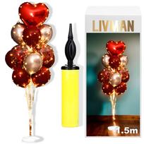 Balionų stovas LIVMAN LX-01 su 13 balionų, 2 LED švieselių girliandomis ir komplekte esančiu balionų pripūtimo siurbliuku, 1,5 m, su raudonos ir auksinės spalvos balionais bei raudona širdimi