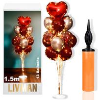 Balionų stovas LIVMAN LX-01 su 13 balionų, 2 LED šviesų girliandomis ir komplekte esančiu balionų pripūtimo siurbliuku, 1,5 m, su raudonos ir auksinės spalvos balionais bei raudona širdimi