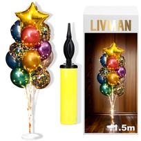Balionų stovas LIVMAN LX-01 su 13 balionų, 2 LED lempučių girliandomis ir komplekte esančiu balionų pripūtimo siurbliu, 1,5 m, su spalvotais balionais ir geltona žvaigžde