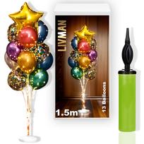 Balionų stovas LIVMAN LX-01 su 13 balionų, 2 LED šviesų girliandomis ir komplekte esančiu balionų pripūtimo siurbliuku, 1,5 m, su spalvingais balionais ir geltona žvaigžde