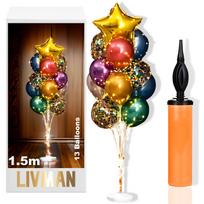 Balionų stovas LIVMAN LX-01 su 13 balionų, 2 LED šviesų girliandomis ir komplekte esančiu balionų pripūtimo siurbliuku, 1,5 m, su spalvingais balionais ir geltona žvaigžde