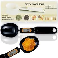 Virtuviniai svarstyklės LIVMAN QJ-608 - skaitmeninės virtuvinės svarstyklės matavimo šaukšto pavidalu, iki 500 g talpa įvairiems ingredientams sverti, juodos