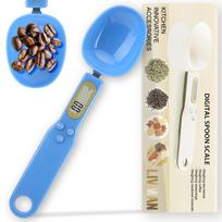 Virtuvės svarstyklės LIVMAN QJ-608 - skaitmeninės virtuvinės matavimo šaukšto formos svarstyklės, kurių talpa iki 500 g, plataus asortimento ingredientams sverti, mėlynos