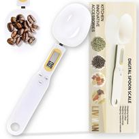 Virtuvės svarstyklės LIVMAN QJ-608 – skaitmeninės virtuvinės svarstyklės matavimo šaukšto pavidalu, iki 500 g talpa įvairiems ingredientams sverti, baltos