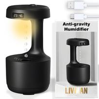 USB maitinamas oro drėkintuvas LIVMAN LZ599 su antigravitacijos vandens lašelių efektu, LED laikrodžiu ir šiltos šviesos naktine lempa bei 600 ml vandens talpa, juodas