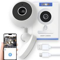 Išmanioji mini stebėjimo kamera LIVMAN A2 su reguliuojamais matymo kampais, dvipusio balso funkcija ir valdymu per programėlę O-KM Pro (O-KAM), maitinama USB laidu, 640x480 pikseliai, balta