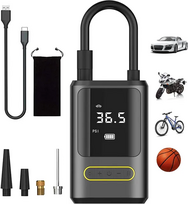 USB įkraunamas ir nešiojamas belaidis oro kompresorius LIVMAN ATJ-8466 su žibintuvėliu, LED ekranu, LED apšvietimu, išmaniu pripūtimo valdymu, 4 skirtingais antgaliais įvairiems daiktams pripūsti ir m