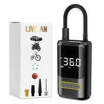 USB įkraunamas ir nešiojamas belaidis oro kompresorius LIVMAN ATJ-8466 su žibintuvėliu, LED ekranu, LED apšvietimu, išmaniu pripūtimo valdymu, 4 skirtingais antgaliais įvairiems daiktams pripūsti ir g
