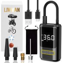 USB įkraunamas ir nešiojamas belaidis oro kompresorius LIVMAN ATJ-8466 su žibintuvėliu, LED ekranu, LED apšvietimu, išmaniu pripūtimo valdymu, 4 skirtingais antgaliais įvairiems daiktams pripūsti ir g