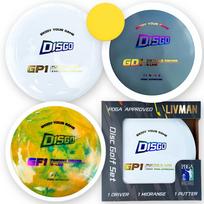 3 diskų diskgolfo diskų rinkinys LIVMAN D010 su 1 „driveriu“, 1 vidutinio nuotolio disku, 1 putteriu ir 1 mini markeriu, įvairių spalvų