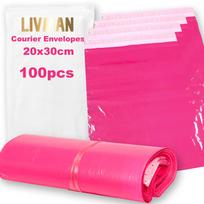 LIVMAN HY-12 plastikiniai lipnūs kurjerių vokai – maišeliai, 20x30 cm, 100 vnt. pakuotėje, fuksijos rožinė spalva
