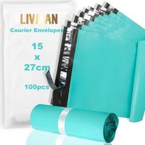 Polietileno plastiko lipnūs kurjerio vokai–maišeliai LIVMAN LY-99, 15x27 cm, 100 vnt. pakuotėje, dangaus mėlynos