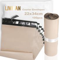 Polietileno plastiko lipnios kurjerių vokų—maišelių rinkinys LIVMAN LY-99, 22x34 cm, 100 vnt. pakuotėje, smėlio spalvos