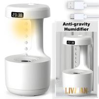 USB maitinamas oro drėkintuvas LIVMAN LZ599 su antigravitacijos lašelių efektu, LED laikrodžiu ir šiltos šviesos naktine lempa bei 600 ml vandens bakeliu, baltas
