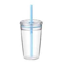 Vandens puodelis su dangteliu ir šiaudeliu 450ML Be BPA Daugkartinio naudojimo puodelis ledinei kavai Skaidrūs plastikiniai gėrimų indai arbatai, kokteiliams 450ML šviesiai mėlyna spalva