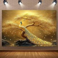 2D Elegant Gold Peacock Tapestry, Golden Bonsai Tree with Sparkling Bubbles Backdrop Cloth for Room Decor 90.6x70.8inch/230*180cm brown