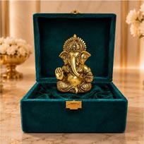 Gold Art India Lord Ganesha 24K Gold Plated Idol | Antique Matte Finish | Premium Peacock Green Velvet Gift Box | brown