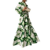 Yousheng Spring Fall Dress V Neck Shirring A-line Big Swing Full Length Slim Waist Lantern Sleeves Ruffle Artistic Color Matching Print Prom Cocktail XL žalia