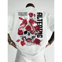 European Size Abyssal Scream Men's Casual Sporty Streetwear Y2K Skull, Rose, and Snake Element Print Trendy Short-Sleeve T-Shirt S