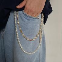 Punk Colorful Zircon Cross Pendant Pants Chain for Women Men Gothic Multi Layer Imitation Pearl Chain Waist Chain Jeans Jewelry gray