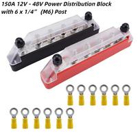 150A 12V Bus Bar Marine 12V - 48V Power Distribution Block with Cover & 6 x 1/4”(M6) Post,Battery 12V Bus Bar & Ring Terminals as picture gray