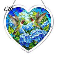 Stained Glass Puzzle Heart-Shaped Acrylic Suncatcher Jigsaw Puzzle, 7.48 Inch Dragonfly Floral Window Hanging DIY Home Decoration Decor with H blue