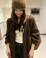 Cross-border lazy wind medium and long knitted cardigan women's autumn and winter fluffy big sleeve sweater jacket knitted coat One size fits all (42-50)