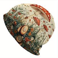 1pc Men's Bohemian Mushroom & Fungi Knit Hat - Lightweight Stretch Fit with Colorful Mushroom Patterns, Durable for outdoor, Christmas, Thanksgiving & One Size beige