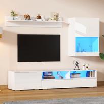 175*39*34cm TV sieninė spintelė su vitrina (3 dalių rinkinys), TV spintelė, pastatoma lentyna ir sieninė lentyna, LED ir blizgi apdaila, TV iki 80', Balta balta