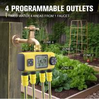 Irrigation Timer 4 Zone Independent Programmable 3/4in Brass Inlet IPX5 Sprinkler Timer with Rain Delay for Yard Lawn