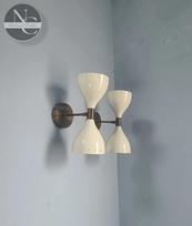 Mid Century Italian Brass Diabolo Wall Sconce Pair - Cream White balta