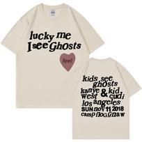 Kanye West Men's and Women's Engraved Printed T-Shirts, Lucky Me I See Ghost Printed Casual Shirts Fashion Cotton Short Sleeves 4XL gray