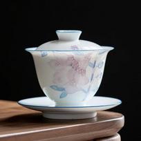 Chinese Hand-painted Ceramic Tea Tureen Teacup Travel Gaiwan Handmade Three-dimensional Relief Flowers Porcelain Tea Bowl 10x9.2cm  160ml gray