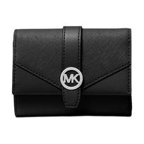 MICHAEL KORS Greenwich Silver Metal Snap Tri-fold Design Leather Wallet Medium Size Unisex Couple Black juoda