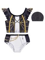 Glam Rock Girls 3 Pcs Swimsuit Set Black Gold Chain Print Ruffle Top & Contrast Bottoms with Swim Cap Kids Concert Costume 4-5Y black