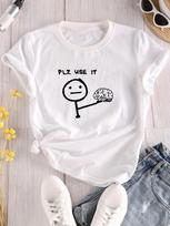 Letter & Stick Figure Print Crew Neck T-Shirt Casual Short Sleeve T-Shirt for Spring & Wo Str XS white