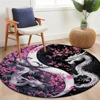 Sakura and Dragon Design Round Carpet,800g/m² Crystal Velvet Polyester,Non-Slip Decorative Area Rug for Bedroom,Living Room,Gaming Room-Poly 80cm X 80cm