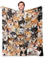 Mixed Color Shiba Inu Dog Face Collage Full Print Flannel Throw Blanket, Soft Warm Sofa Cover, Shiba Puppy Lover Bedroom Gift Size: 75*100cm, Weight: 230 GSM beige