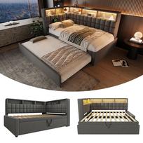 Lininė lovytė 90x200 su ištraukiama dalimi 90x190, LED, Bluetooth garsiakalbis, USB ir Type-C, L formos galvūgalis su lentyna, Sofa/Svečių lova, Pilka, be čiužinio 214 x 107 x 89 cm pilka