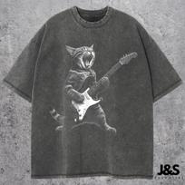 Rock Cat Playing Guitar Vintage Shirt, Retro Funny Guitar Cat T-Shirt, Cat Lovers, Rock Lovers Gift, Funny Gift, Rocker Oversized Shirt XL gray