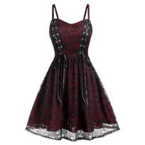 Woman Lace Skull Print Gothic Dress Sleeveless Sling Dress Retro Steampunk Victorian Swing Dress S black