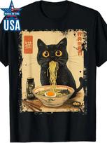 Vintažiniai Kawaii Katės Ramen Grafiniai Marškinėliai, 100% Medvilnės Apvalios Kaklo T-shirt, Trumpomis Rankovėmis 4XL beige