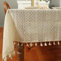 Elegantiškas pastoralinis medvilnės ir lino nėriniuotas staltiesė: Meninis, Apsaugotas nuo dulkių, Neslystantis, Atsparus karščiui, Tuščiaviduris dizainas 140x100 cm beige